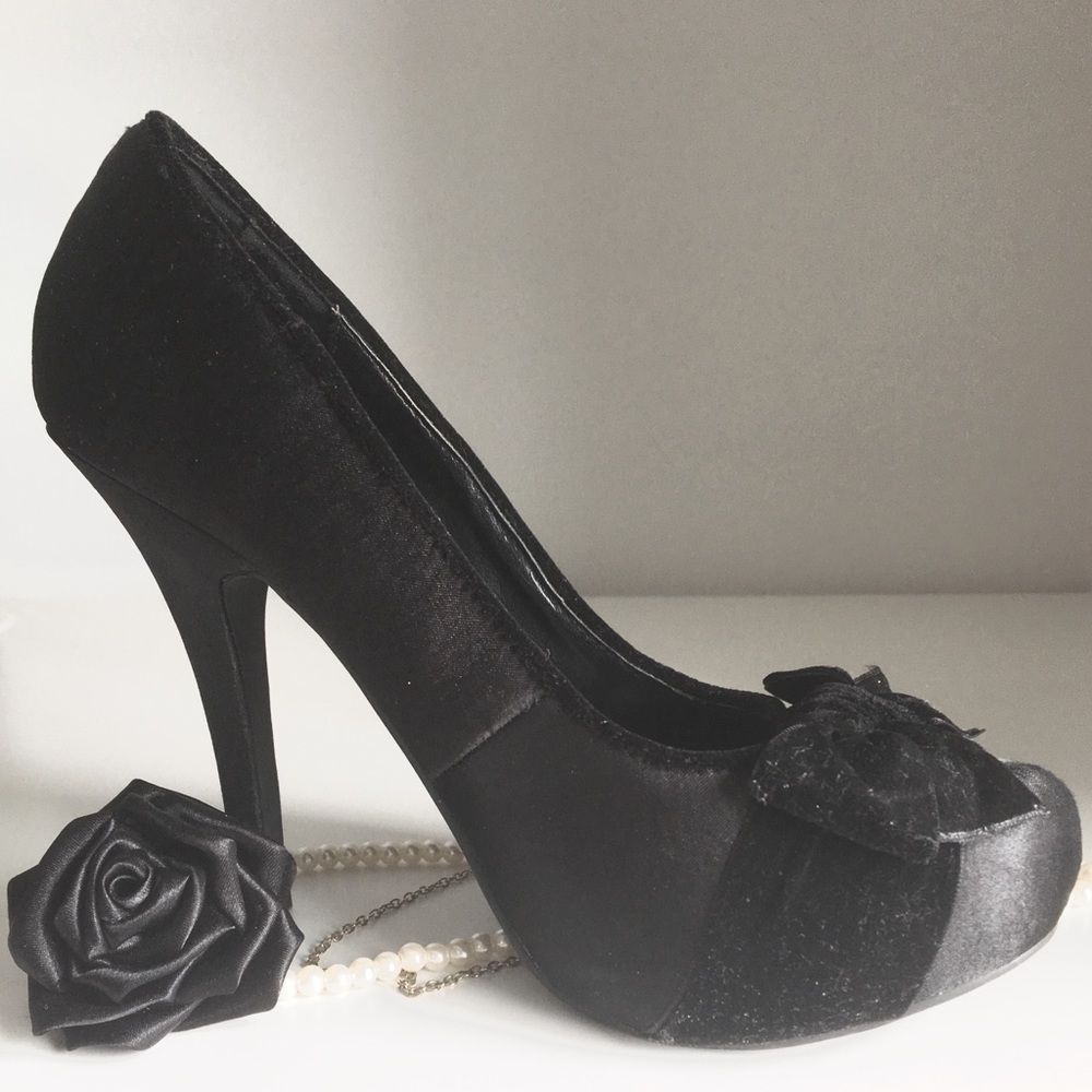 Call It Spring Black Heels with Rose Detail